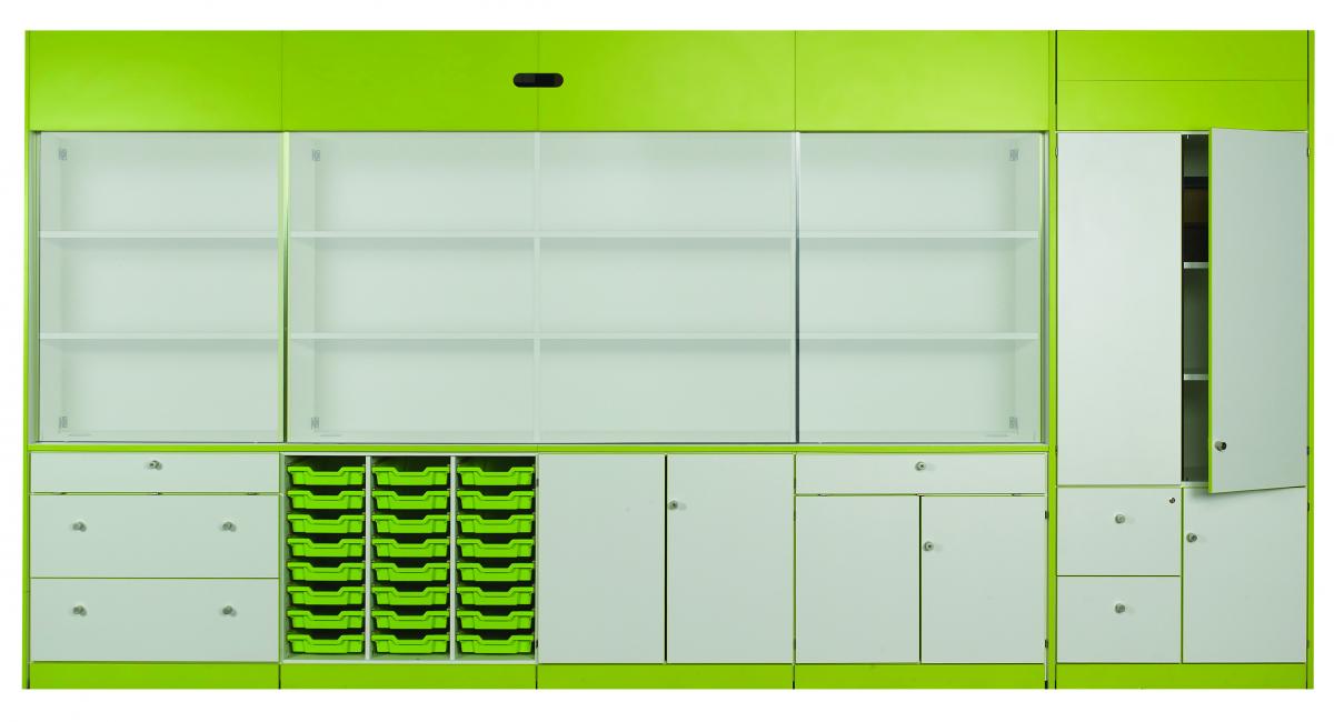 Lime green and white teacherwall storage unit.