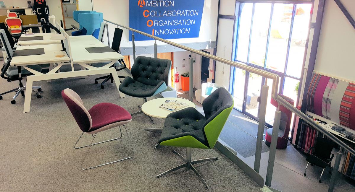 Office furniture desking and operator chairs in our Kimbolton Showroom in Kimbolton, Cambridgeshire. 