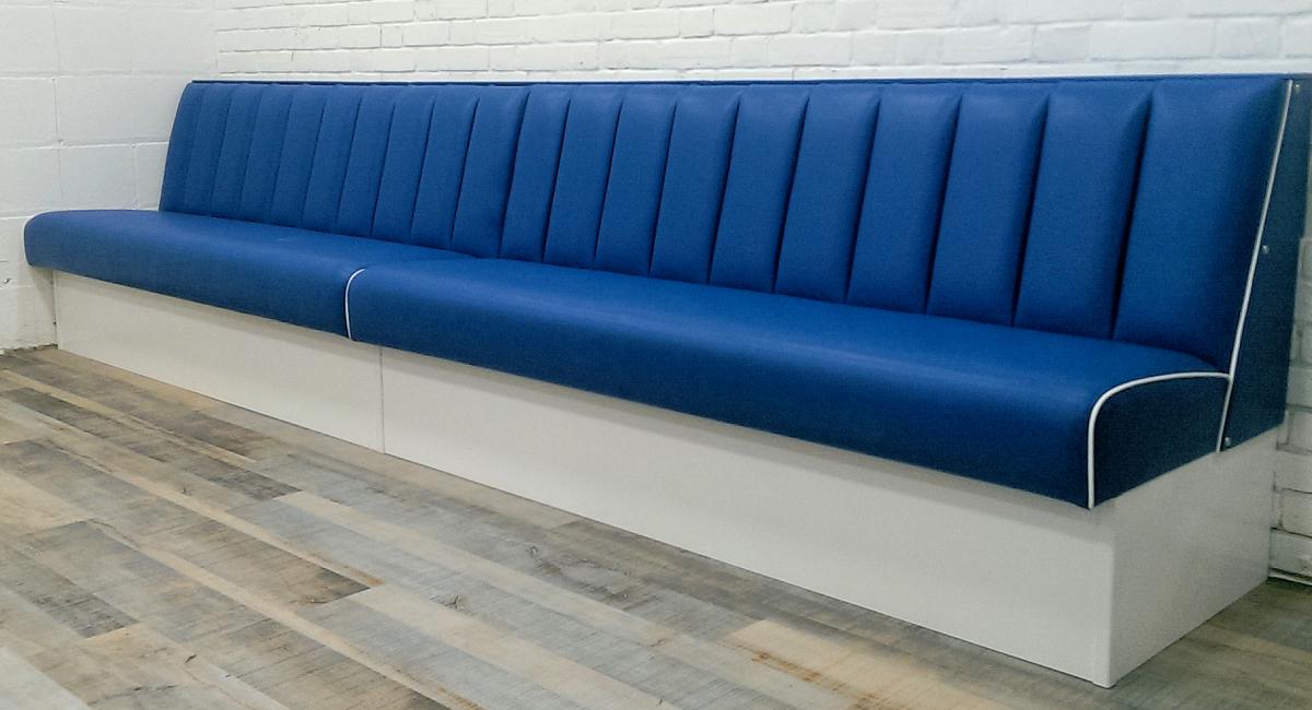 Bespoke Blue Vinyl Bench Seat Unit, Finished in Pacific Blue for an educational establishment.  