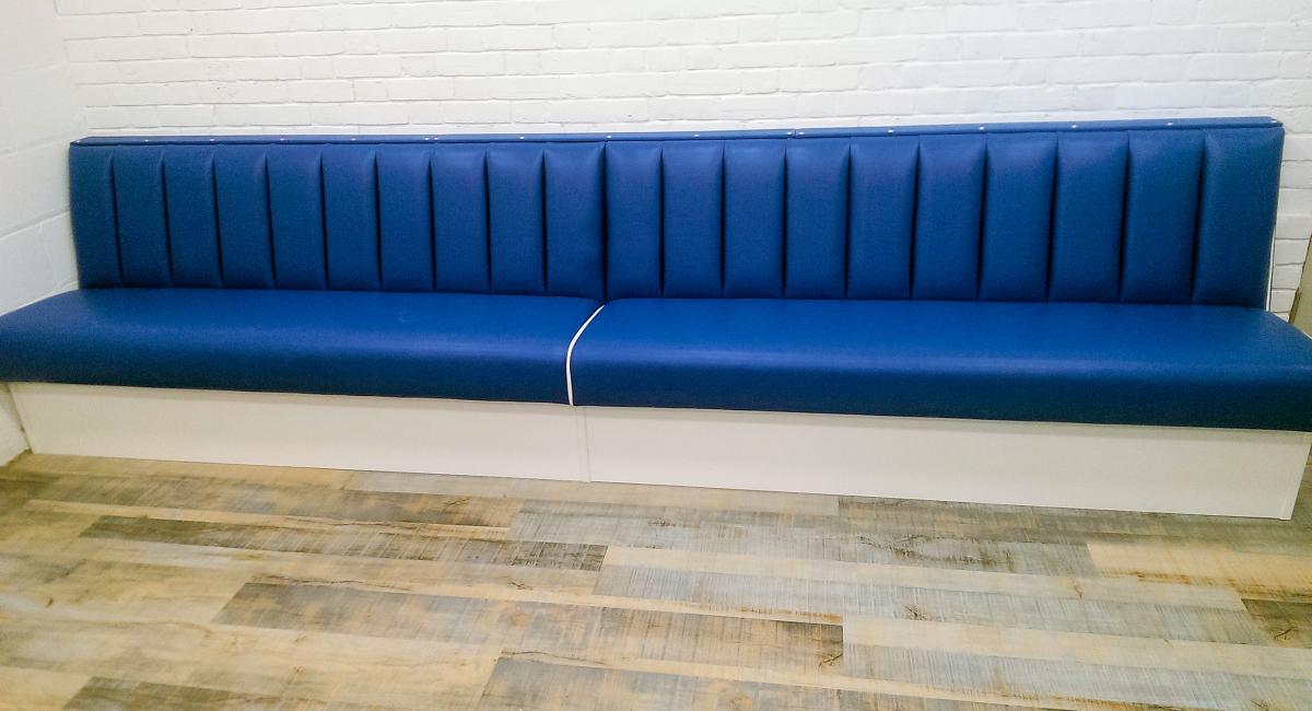 Bespoke Blue Vinyl Bench Seat Unit, Finished in Pacific Blue for an educational establishment.  