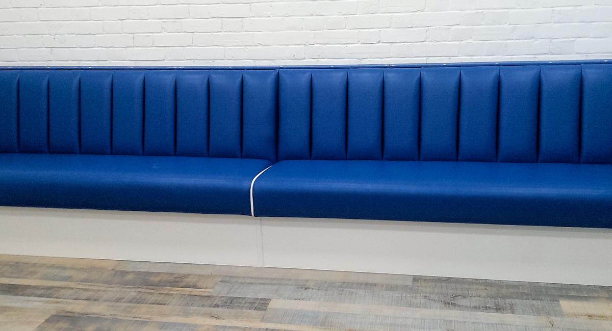 Bespoke Blue Vinyl Bench Seat Unit, Finished in Pacific Blue for an educational establishment.  