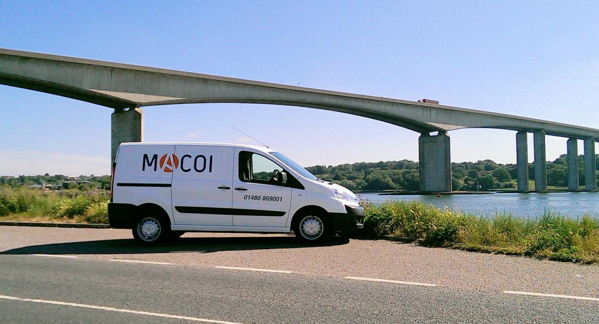 MACOI refurbishment van alongside the iconic Orwell Bridge on the west side of Ipswich.