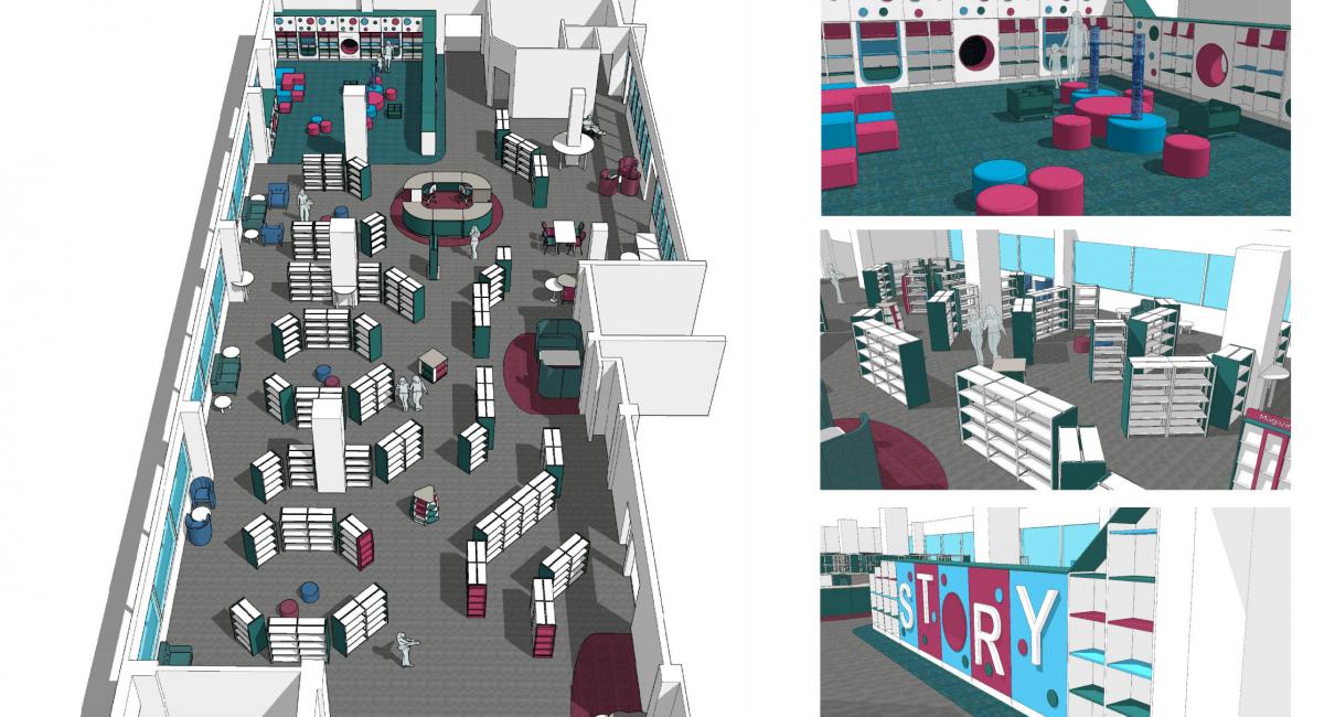 Library transformation with new shelving, soft seating, furniture and storey corner