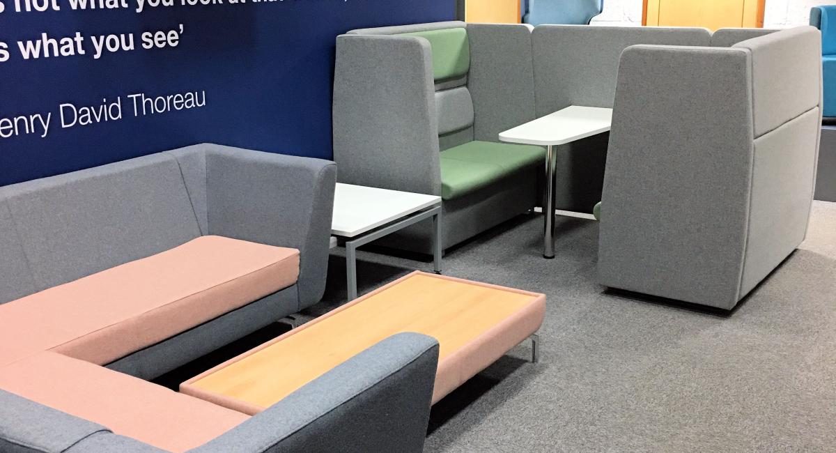 Work Space Booths - Soft Seating unit with integrated table.
