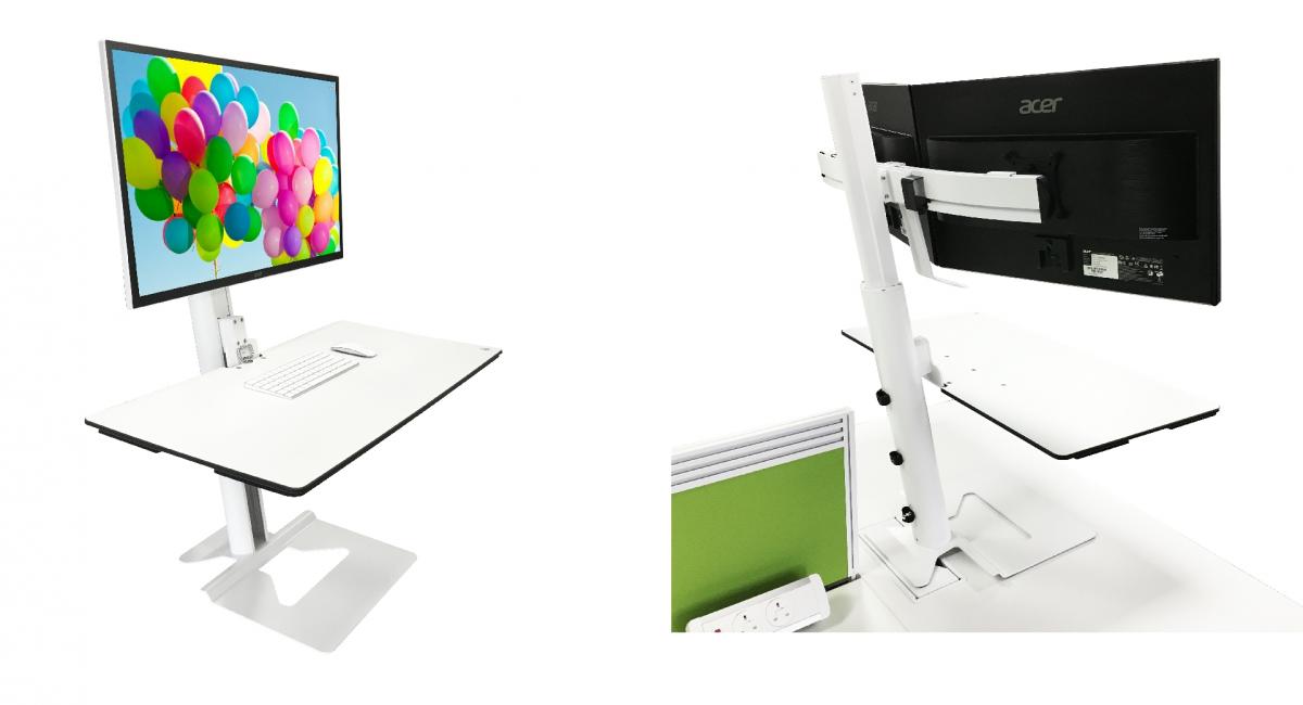 White i-stand, height adjustable desk accessory.