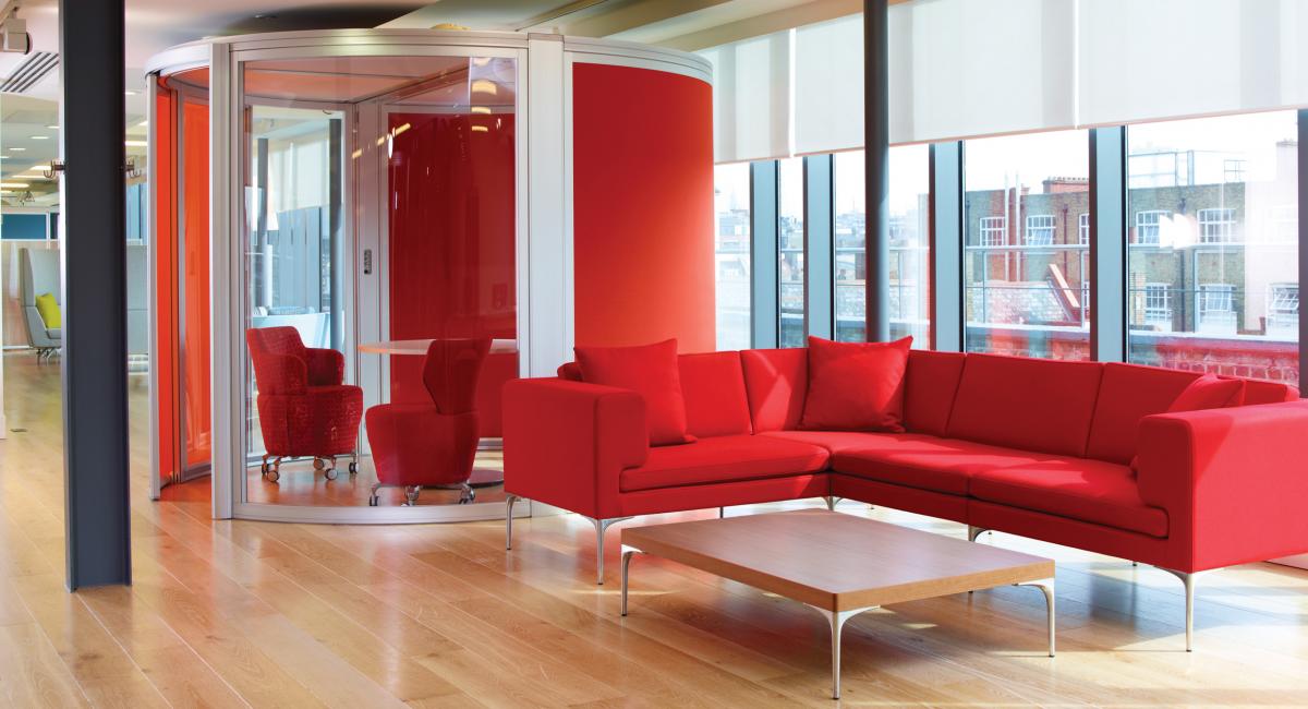 Red Soft seating soft with red fabric and glazed office pod