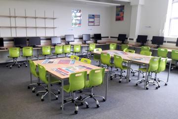 Classroom Tables and Lime Green Chairs