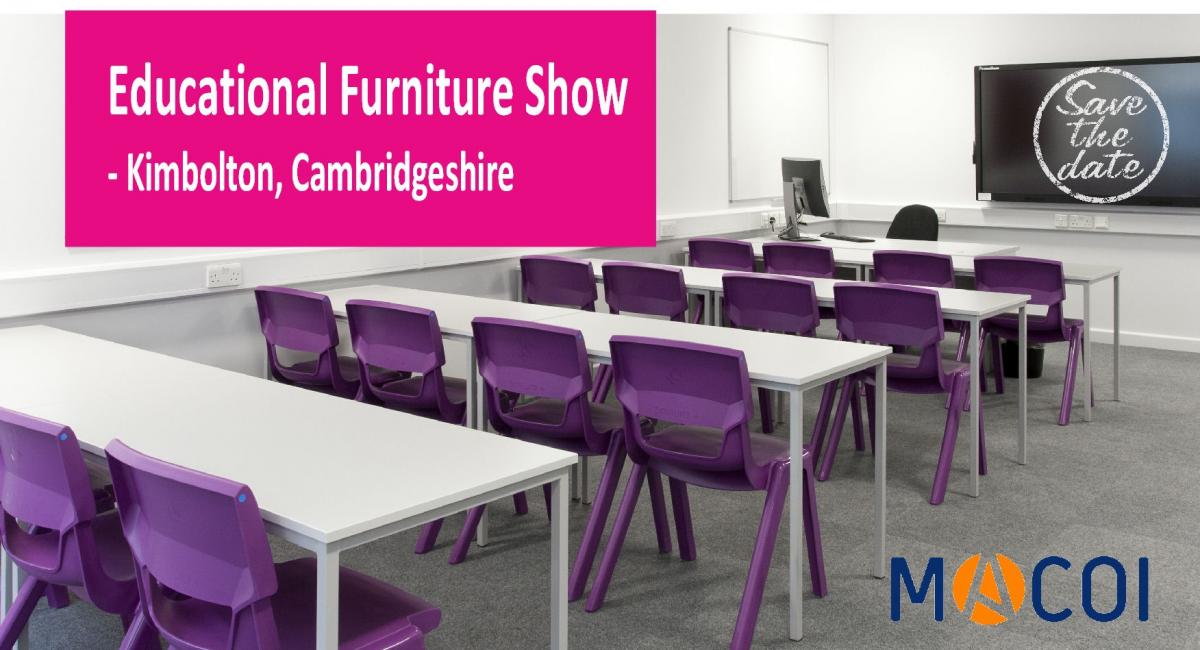 School Furniture Exhibition at MACOI Ltd in Kimbolton, Cambridgeshire. Dusplaying classroom tables and chairs, breakout furniture, lockers, study areas, classroom storage and study furniture.