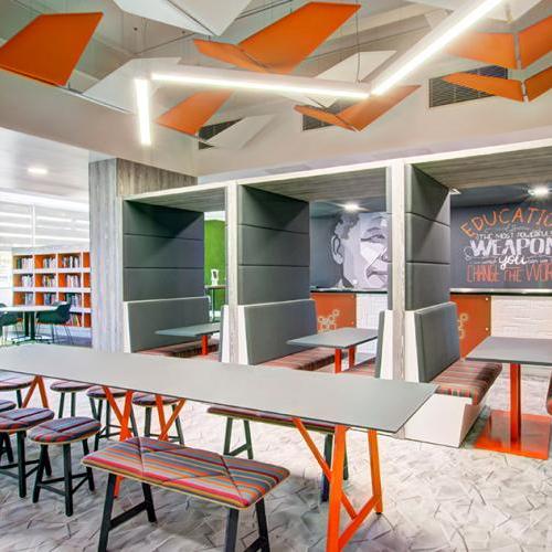 Dining tables and standing height benches with coodinated seating and stools